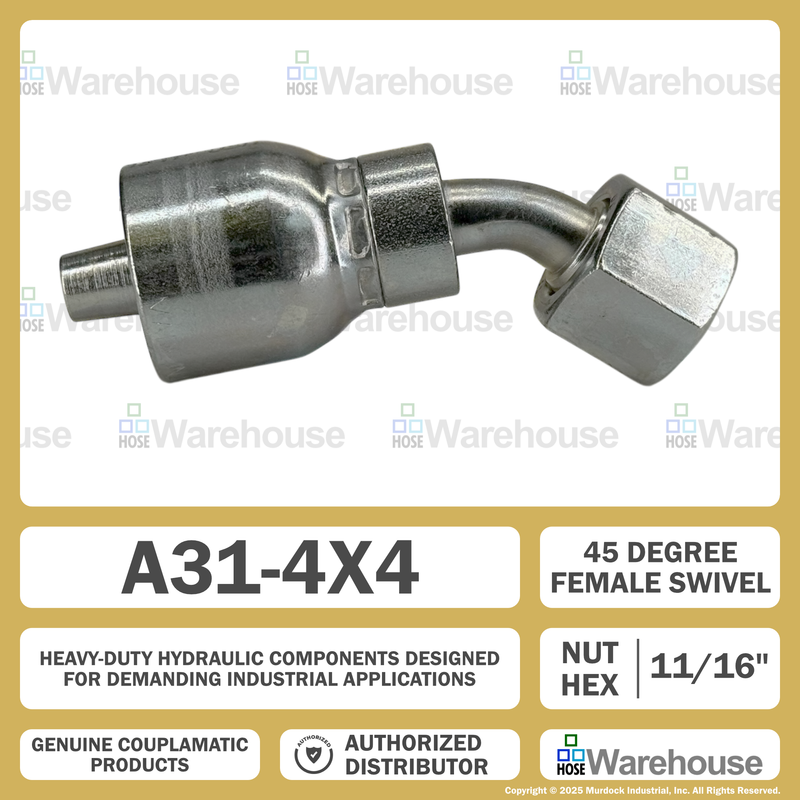 A31-4x4 by Couplamatic | A Series Coupling | 1/4" Hose ID x 9/16x18 Thread O-Ring Face Seal | ORF Female Swivel | 45° Elbow
