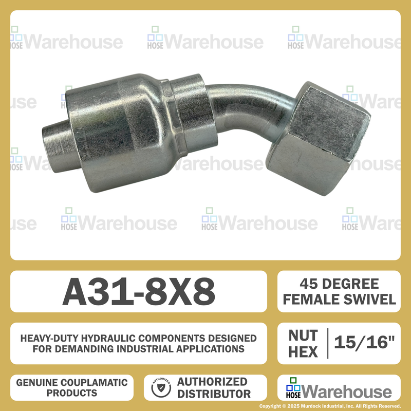 A31-8x8 by Couplamatic | A Series Coupling | 1/2" Hose ID x 13/16x16 Thread O-Ring Face Seal | ORF Female Swivel | 45° Elbow