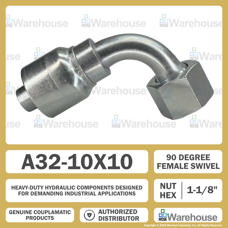 A32-10x10 by Couplamatic | A Series Coupling | 5/8" Hose ID x 1x14 Thread O-Ring Face Seal | ORF Female Swivel | 90° Elbow