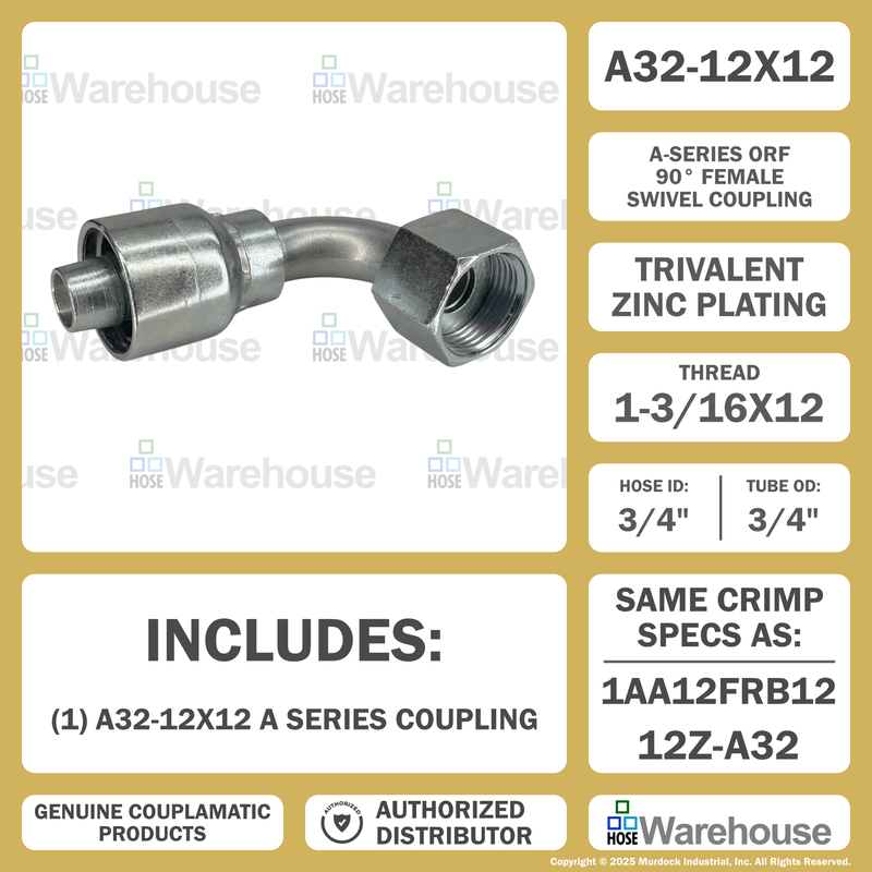 A32-12x12 by Couplamatic | A Series Coupling | 3/4" Hose ID x 1-3/16x12 Thread O-Ring Face Seal | ORF Female Swivel | 90° Elbow