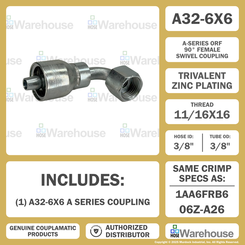 A32-6x6 by Couplamatic | A Series Coupling | 3/8" Hose ID x 11/16x16 Thread O-Ring Face Seal | ORF Female Swivel | 90° Elbow
