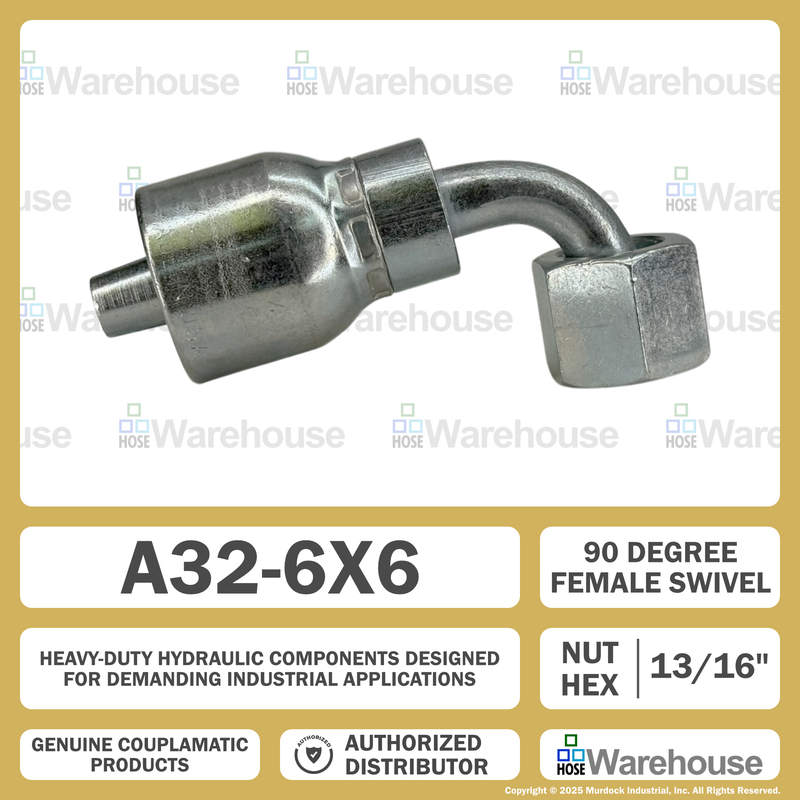 A32-6x6 by Couplamatic | A Series Coupling | 3/8" Hose ID x 11/16x16 Thread O-Ring Face Seal | ORF Female Swivel | 90° Elbow