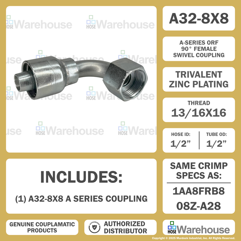 A32-8x8 by Couplamatic | A Series Coupling | 1/2" Hose ID x 13/16x16 Thread O-Ring Face Seal | ORF Female Swivel | 90° Elbow