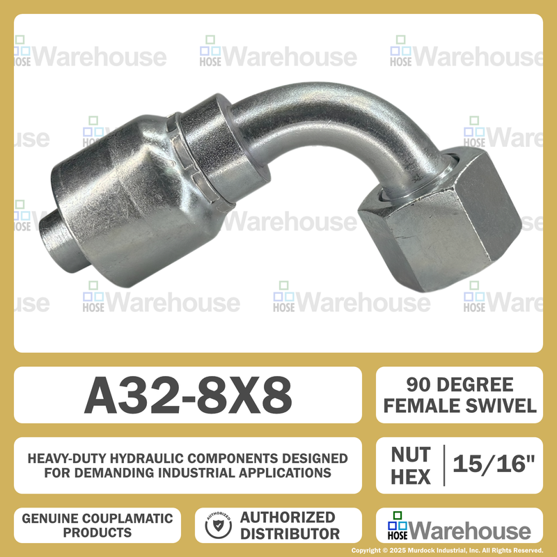 A32-8x8 by Couplamatic | A Series Coupling | 1/2" Hose ID x 13/16x16 Thread O-Ring Face Seal | ORF Female Swivel | 90° Elbow