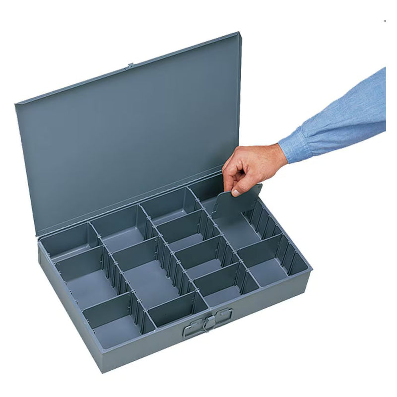 ADJ-CB by Parker | 4 Fixed Vertical Compartments and 9 Moveable Dividers | 18" Width x 12" Depth x 3" Height | Gray | Styrene