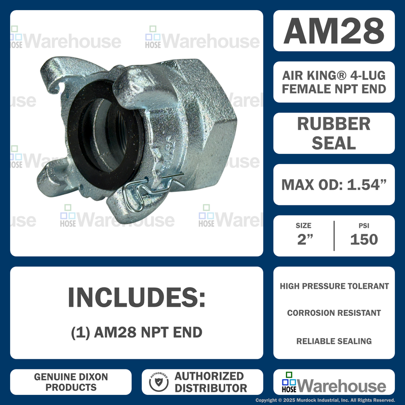 AM28 Air King® by Dixon Valve | Pneumatic Fitting | 4-Lug Threaded End | Chicago Style x 2" Female NPT | Iron