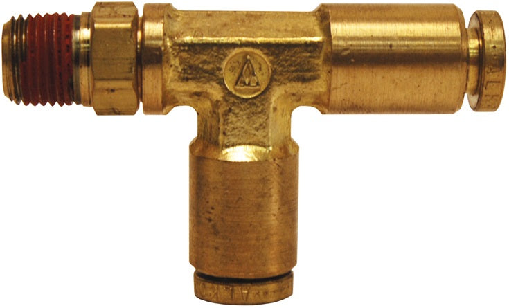 AQ71DOTS4X4 by Dixon Valve | D.O.T. Push-In Pneumatic Fitting | Male Swivel Run Tee | 1/4" Male NPTF x 1/4" Tube OD x 1/4" Tube OD | Brass CA377