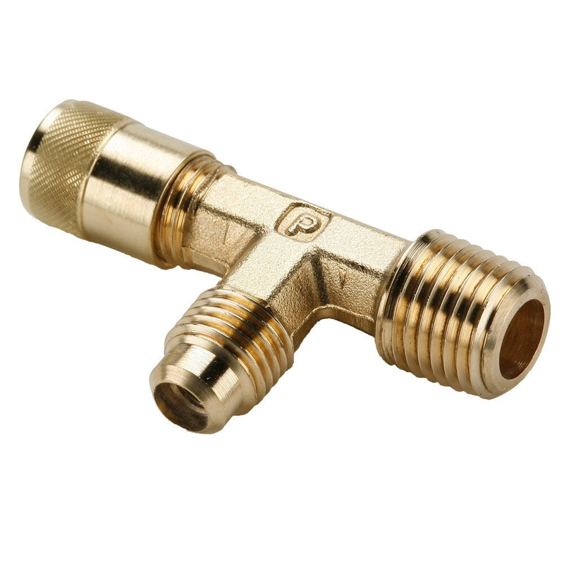 AVT3-4 by Parker | Access Valve | 1/4" Male Pipe or 5/16" O.D. Solder on Run x 1/4" Access on Run and Branch w/ One Core and Cap | Tee | Brass | Pack of 3