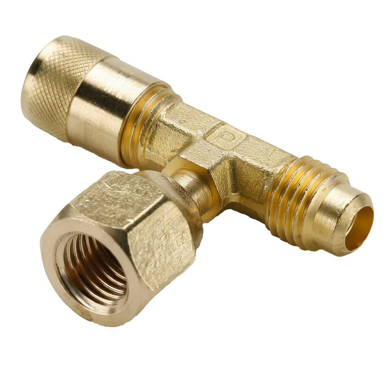 AVTS6D-4 by Parker | Access Valve | 1/4" Female Flare Swivel on Branch w/ Depressor x 1/4" Access on Both Ends | Tee | Brass | Pack of 3
