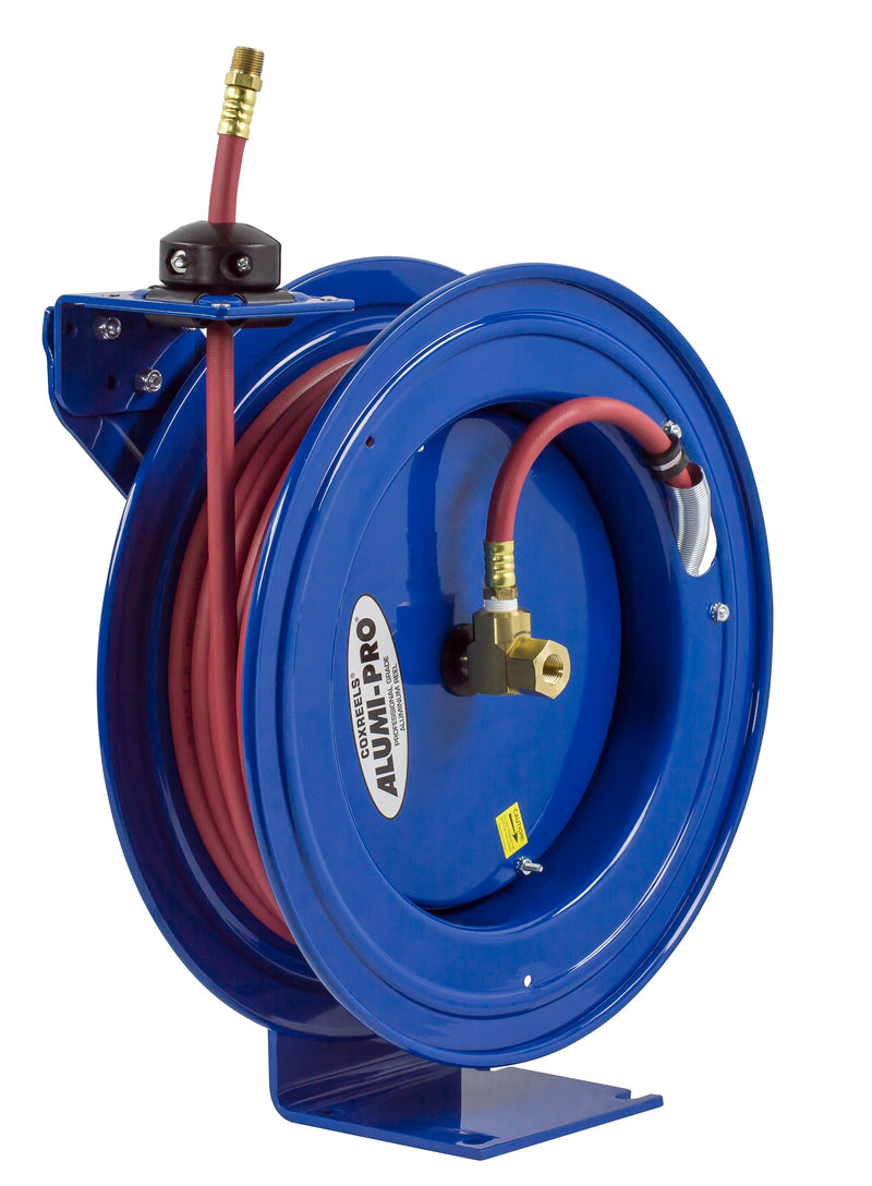 P-LP-425-AL by Coxreels | Alumi-Pro Series | 300 PSI Spring Driven Hose Reel for Air & Water | 1/2" Hose ID, 1/2" FNPT Inlet x 1/2" MNPT Hose End | Aluminum | 25ft PVC Hose Included