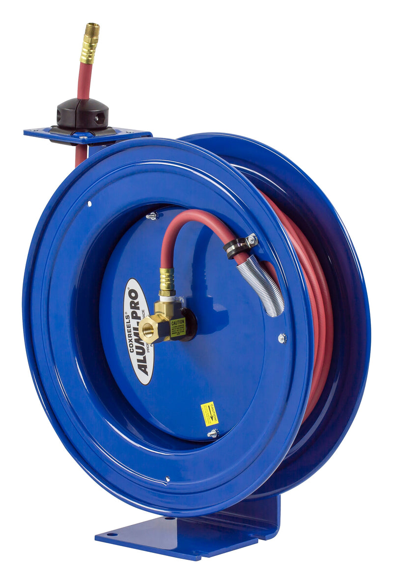 P-LP-350-AL by Coxreels | Alumi-Pro Series | 300 PSI Spring Driven Hose Reel for Air & Water | 3/8" Hose ID, 3/8" FNPT Inlet x 3/8" MNPT Hose End | Aluminum | 50ft PVC Hose Included