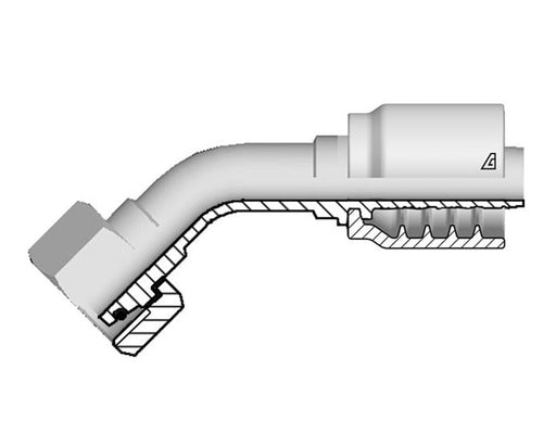 B-1230-FM4L Alfagomma by Kuriyama | B Series | One-Piece AlfaCrimp Hydraulic Hose Fitting | 45° Elbow | DIN 3865 Light | -12 Hose ID x 30mm Female Metric 24° Cone with O-Ring | Steel