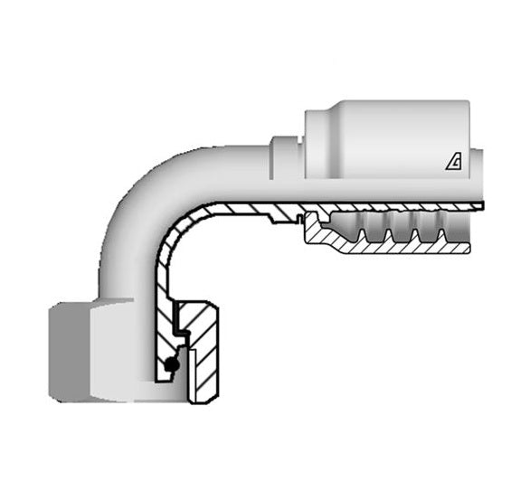 B-0416-FM9H Alfagomma by Kuriyama | B Series | One-Piece AlfaCrimp Hydraulic Hose Fitting | 90° Elbow | DIN 3865 Heavy | -04 Hose ID x 16mm Female Metric 24° Cone with O-Ring | Steel
