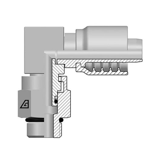 B-0406-MBS9 Alfagomma by Kuriyama | B Series | One-Piece AlfaCrimp Hydraulic Hose Fitting | Compact 90° Elbow | -04 Hose ID x -06 SAE Male O-Ring Boss Swivel | Steel