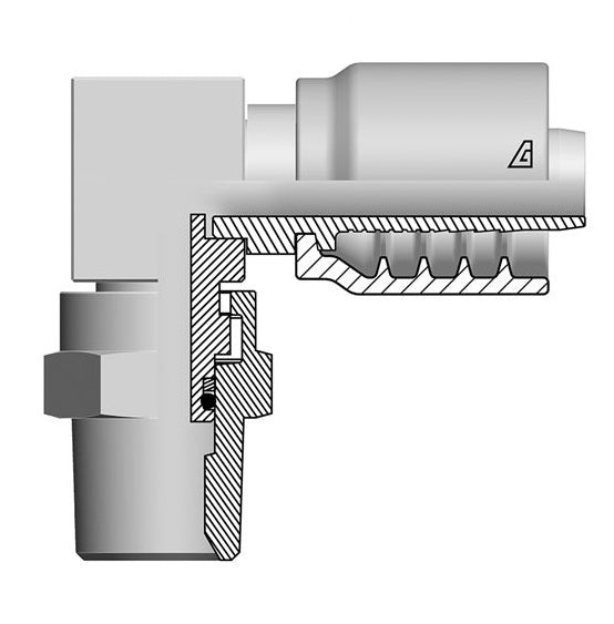 B-1616-MPS9 Alfagomma by Kuriyama | B Series | One-Piece AlfaCrimp Hydraulic Hose Fitting | Compact 90° Elbow | -16 Hose ID x -16 Male NPTF 60° Seat Swivel | Steel