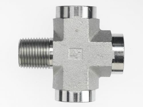 5655-04-04-04-04-FG by Brennan Inc. | -04 Male Pipe x -04 Female Pipe x -04 Female Pipe x -04 Female Pipe | Cross | Forged Steel