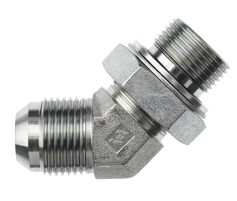 7102-08-08-NWO-FG by Brennan Inc. | -08 Male JIC x -08 Male BSPP Adjustable O-Ring Boss | 45° Elbow | Forged Steel