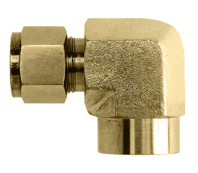 NS2502-04-04-B by Brennan Inc. | -04 Single Ferrule Instrumentation Fitting x -04 Female NPT | 90° Elbow | Brass