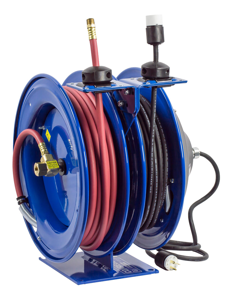 C-L350-5016-A by Coxreels | C Air-Electric | 300 PSI Spring Driven Air Hose & Power Cord Combo Reel w/ Industrial Receptacle | 3/8" Hose ID, 3/8" FNPT Inlet x 3/8" MNPT Hose End | 16/3 SJTO Cord, 13A | Steel | 50ft PVC Hose & 50ft Cord Included