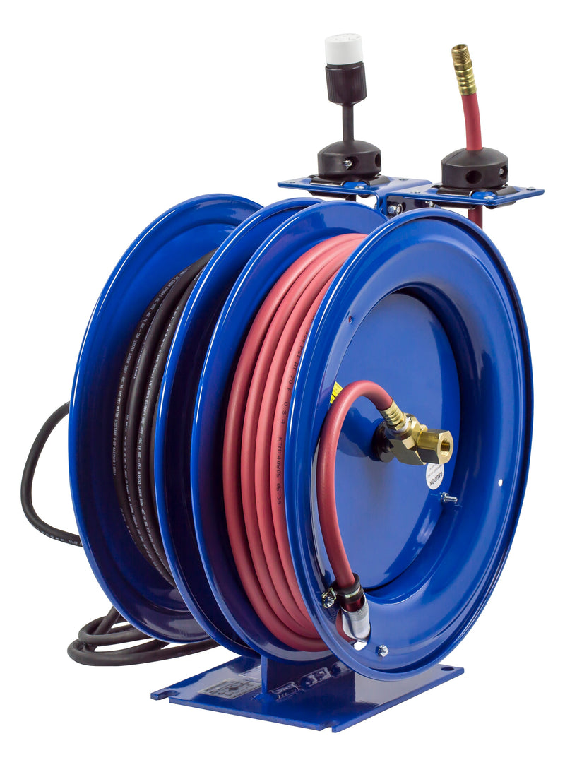 C-L350-5016-A by Coxreels | C Air-Electric | 300 PSI Spring Driven Air Hose & Power Cord Combo Reel w/ Industrial Receptacle | 3/8" Hose ID, 3/8" FNPT Inlet x 3/8" MNPT Hose End | 16/3 SJTO Cord, 13A | Steel | 50ft PVC Hose & 50ft Cord Included