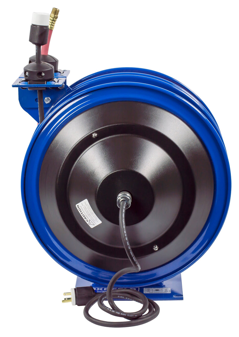 C-L350-5016-A by Coxreels | C Air-Electric | 300 PSI Spring Driven Air Hose & Power Cord Combo Reel w/ Industrial Receptacle | 3/8" Hose ID, 3/8" FNPT Inlet x 3/8" MNPT Hose End | 16/3 SJTO Cord, 13A | Steel | 50ft PVC Hose & 50ft Cord Included