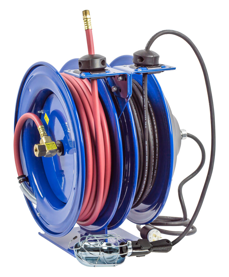 C-L350-5016-E by Coxreels | C Air-Electric | 300 PSI Spring Driven Air Hose & Power Cord Combo Reel w/ Incandescent Cage Light | 3/8" Hose ID, 3/8" FNPT Inlet x 3/8" MNPT Hose End | 16/3 SJTO Cord, 13A | Steel | 50ft PVC Hose & 50ft Cord Included