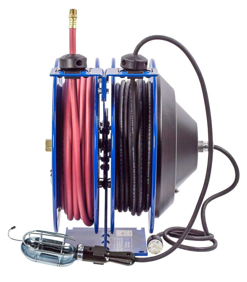 C-L350-5016-E by Coxreels | C Air-Electric | 300 PSI Spring Driven Air Hose & Power Cord Combo Reel w/ Incandescent Cage Light | 3/8" Hose ID, 3/8" FNPT Inlet x 3/8" MNPT Hose End | 16/3 SJTO Cord, 13A | Steel | 50ft PVC Hose & 50ft Cord Included