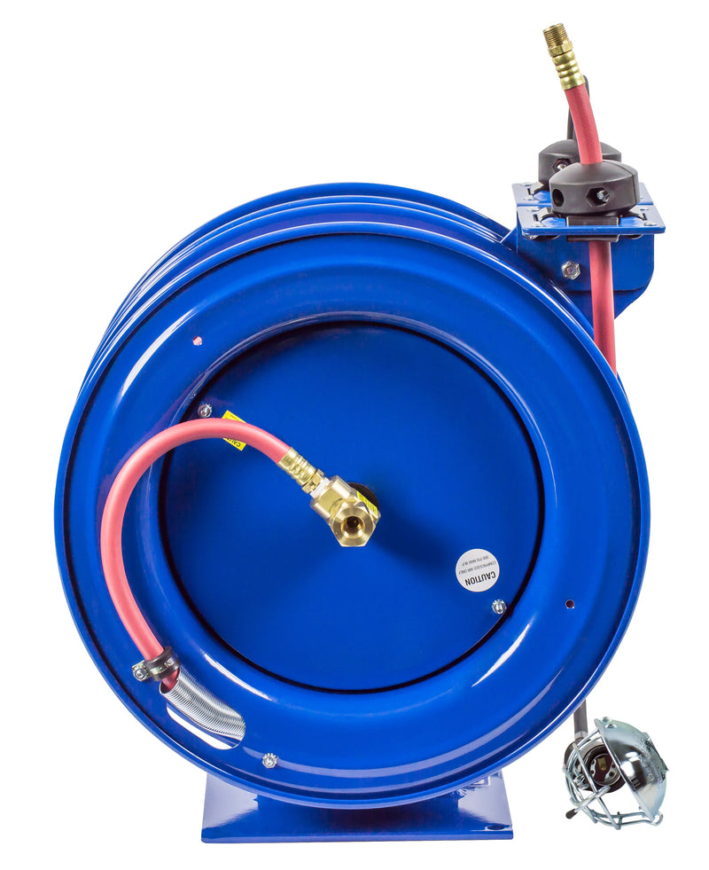 C-L350-5016-E by Coxreels | C Air-Electric | 300 PSI Spring Driven Air Hose & Power Cord Combo Reel w/ Incandescent Cage Light | 3/8" Hose ID, 3/8" FNPT Inlet x 3/8" MNPT Hose End | 16/3 SJTO Cord, 13A | Steel | 50ft PVC Hose & 50ft Cord Included