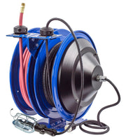 C-L350-5016-E by Coxreels | C Air-Electric | 300 PSI Spring Driven Air Hose & Power Cord Combo Reel w/ Incandescent Cage Light | 3/8" Hose ID, 3/8" FNPT Inlet x 3/8" MNPT Hose End | 16/3 SJTO Cord, 13A | Steel | 50ft PVC Hose & 50ft Cord Included