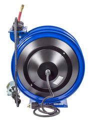 C-L350-5016-E by Coxreels | C Air-Electric | 300 PSI Spring Driven Air Hose & Power Cord Combo Reel w/ Incandescent Cage Light | 3/8" Hose ID, 3/8" FNPT Inlet x 3/8" MNPT Hose End | 16/3 SJTO Cord, 13A | Steel | 50ft PVC Hose & 50ft Cord Included