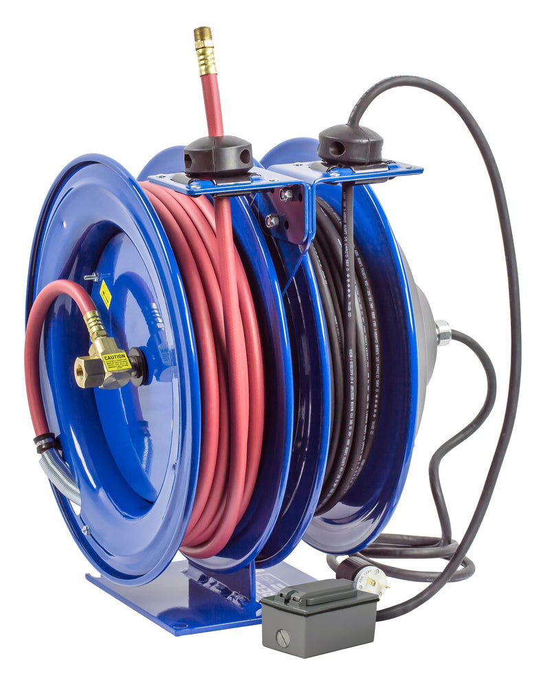C-L350-5012-F by Coxreels | C Air-Electric | 300 PSI Spring Driven Air Hose & Power Cord Combo Reel w/ GFCI Receptacle | 3/8" Hose ID, 3/8" FNPT Inlet x 3/8" MNPT Hose End | 12/3 SJO Cord, 20A | Steel | 50ft PVC Hose & 50ft Cord Included