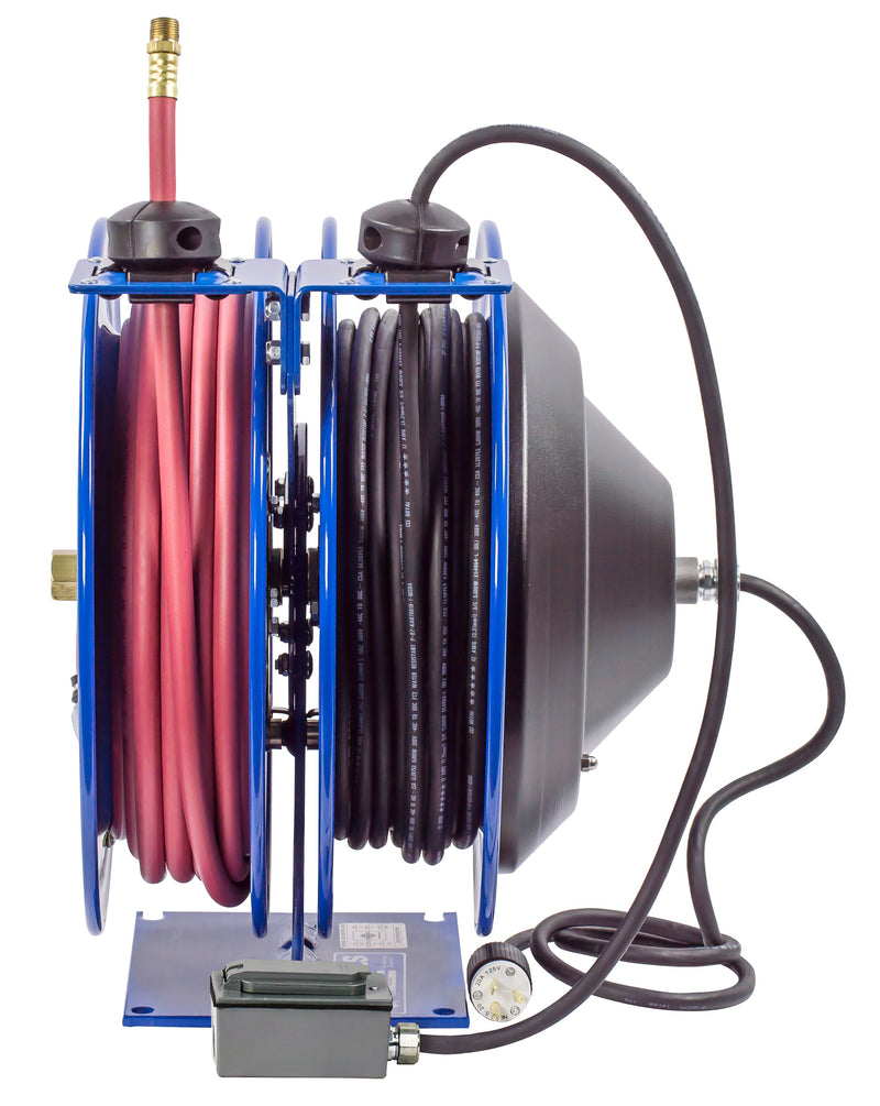 C-L350-5012-F by Coxreels | C Air-Electric | 300 PSI Spring Driven Air Hose & Power Cord Combo Reel w/ GFCI Receptacle | 3/8" Hose ID, 3/8" FNPT Inlet x 3/8" MNPT Hose End | 12/3 SJO Cord, 20A | Steel | 50ft PVC Hose & 50ft Cord Included