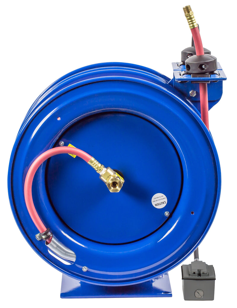 C-L350-5016-F by Coxreels | C Air-Electric | 300 PSI Spring Driven Air Hose & Power Cord Combo Reel w/ GFCI Receptacle | 3/8" Hose ID, 3/8" FNPT Inlet x 3/8" MNPT Hose End | 16/3 SJTO Cord, 13A | Steel | 50ft PVC Hose & 50ft Cord Included