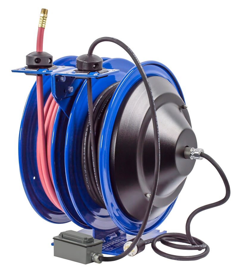 C-L350-5016-F by Coxreels | C Air-Electric | 300 PSI Spring Driven Air Hose & Power Cord Combo Reel w/ GFCI Receptacle | 3/8" Hose ID, 3/8" FNPT Inlet x 3/8" MNPT Hose End | 16/3 SJTO Cord, 13A | Steel | 50ft PVC Hose & 50ft Cord Included