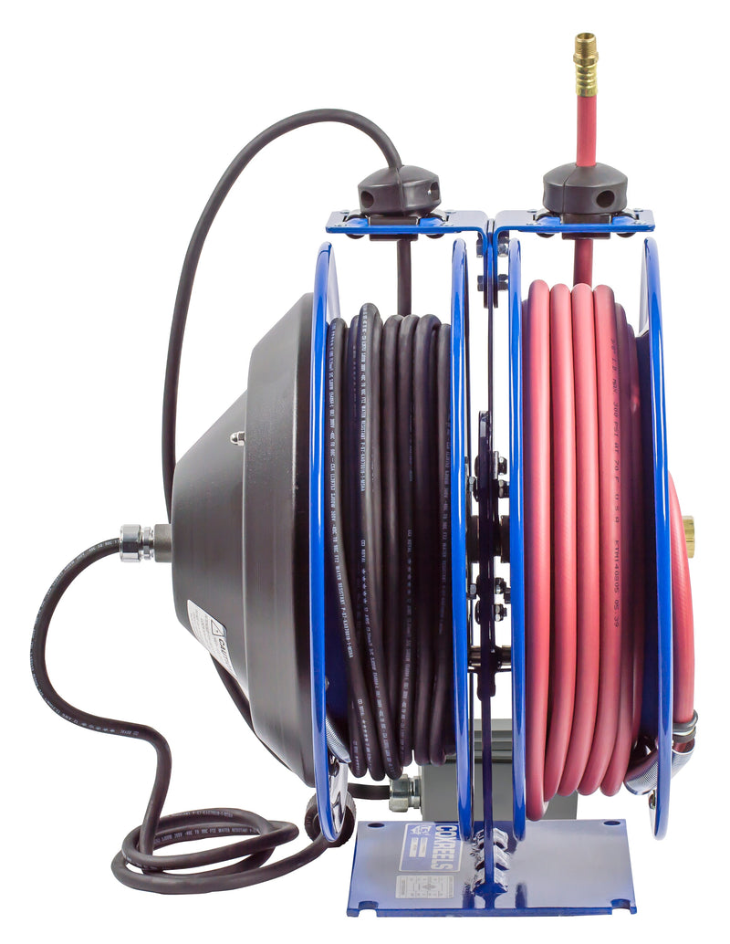 C-L350-5016-F by Coxreels | C Air-Electric | 300 PSI Spring Driven Air Hose & Power Cord Combo Reel w/ GFCI Receptacle | 3/8" Hose ID, 3/8" FNPT Inlet x 3/8" MNPT Hose End | 16/3 SJTO Cord, 13A | Steel | 50ft PVC Hose & 50ft Cord Included