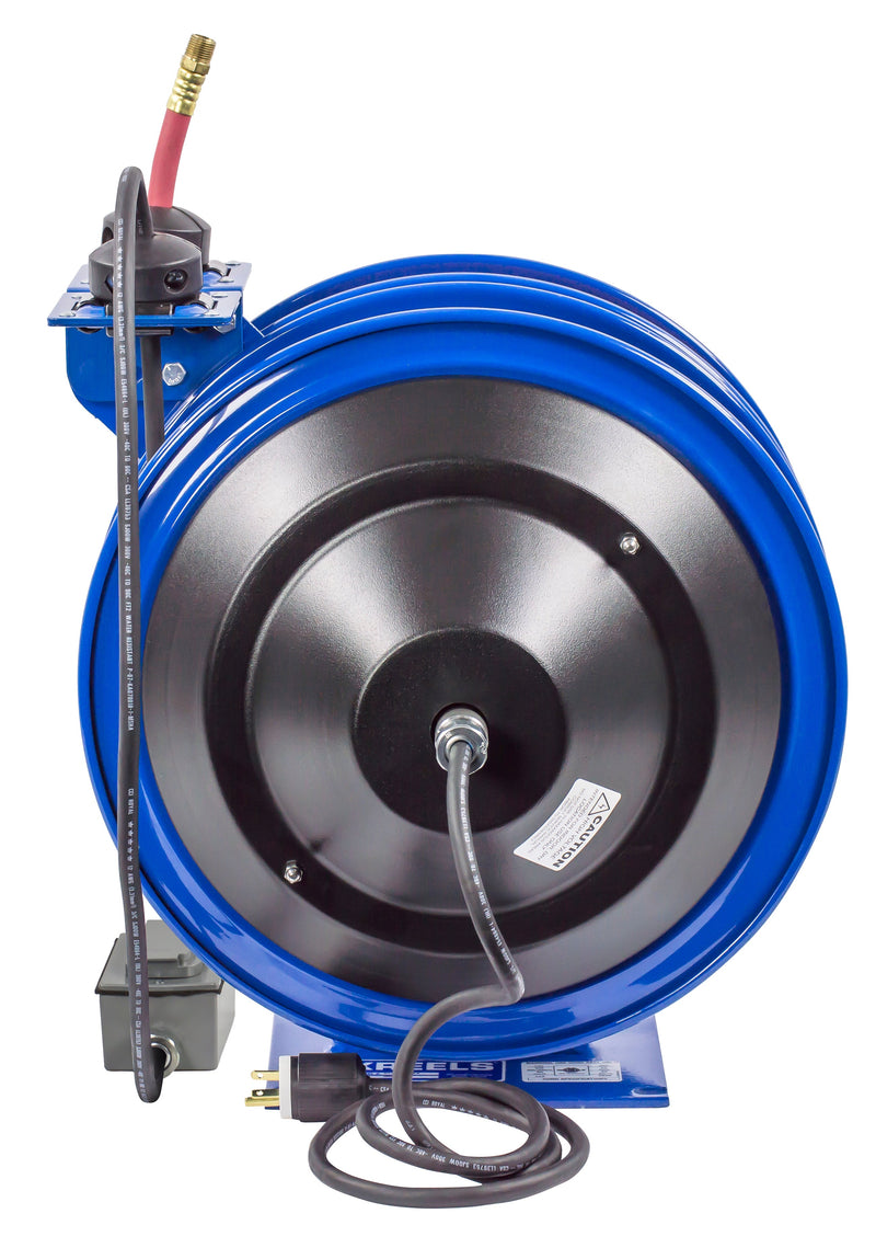 C-L350-5016-F by Coxreels | C Air-Electric | 300 PSI Spring Driven Air Hose & Power Cord Combo Reel w/ GFCI Receptacle | 3/8" Hose ID, 3/8" FNPT Inlet x 3/8" MNPT Hose End | 16/3 SJTO Cord, 13A | Steel | 50ft PVC Hose & 50ft Cord Included