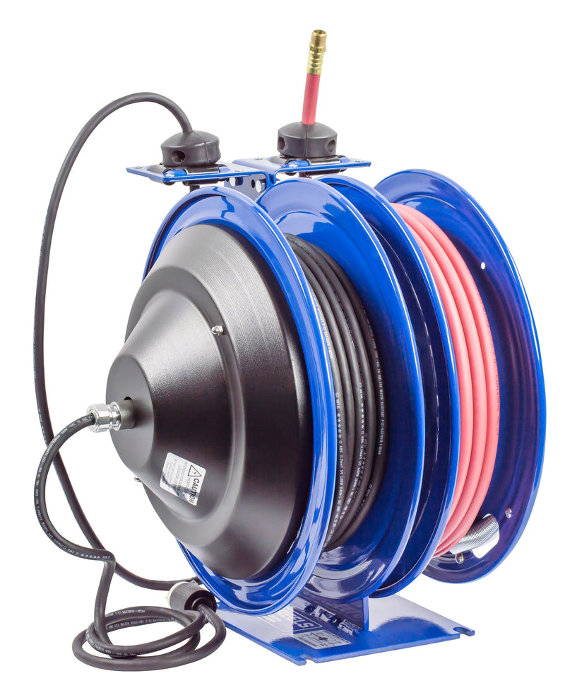C-L350-5016-F by Coxreels | C Air-Electric | 300 PSI Spring Driven Air Hose & Power Cord Combo Reel w/ GFCI Receptacle | 3/8" Hose ID, 3/8" FNPT Inlet x 3/8" MNPT Hose End | 16/3 SJTO Cord, 13A | Steel | 50ft PVC Hose & 50ft Cord Included