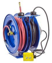 C-L350-5012-B by Coxreels | C Air-Electric | 300 PSI Spring Driven Air Hose & Power Cord Combo Reel w/ Quad Industrial Receptacle | 3/8" Hose ID, 3/8" FNPT Inlet x 3/8" MNPT Hose End | 12/3 SJO Cord, 20A | Steel | 50ft PVC Hose & 50ft Cord Included