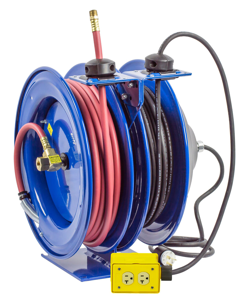 C-L350-5012-B by Coxreels | C Air-Electric | 300 PSI Spring Driven Air Hose & Power Cord Combo Reel w/ Quad Industrial Receptacle | 3/8" Hose ID, 3/8" FNPT Inlet x 3/8" MNPT Hose End | 12/3 SJO Cord, 20A | Steel | 50ft PVC Hose & 50ft Cord Included