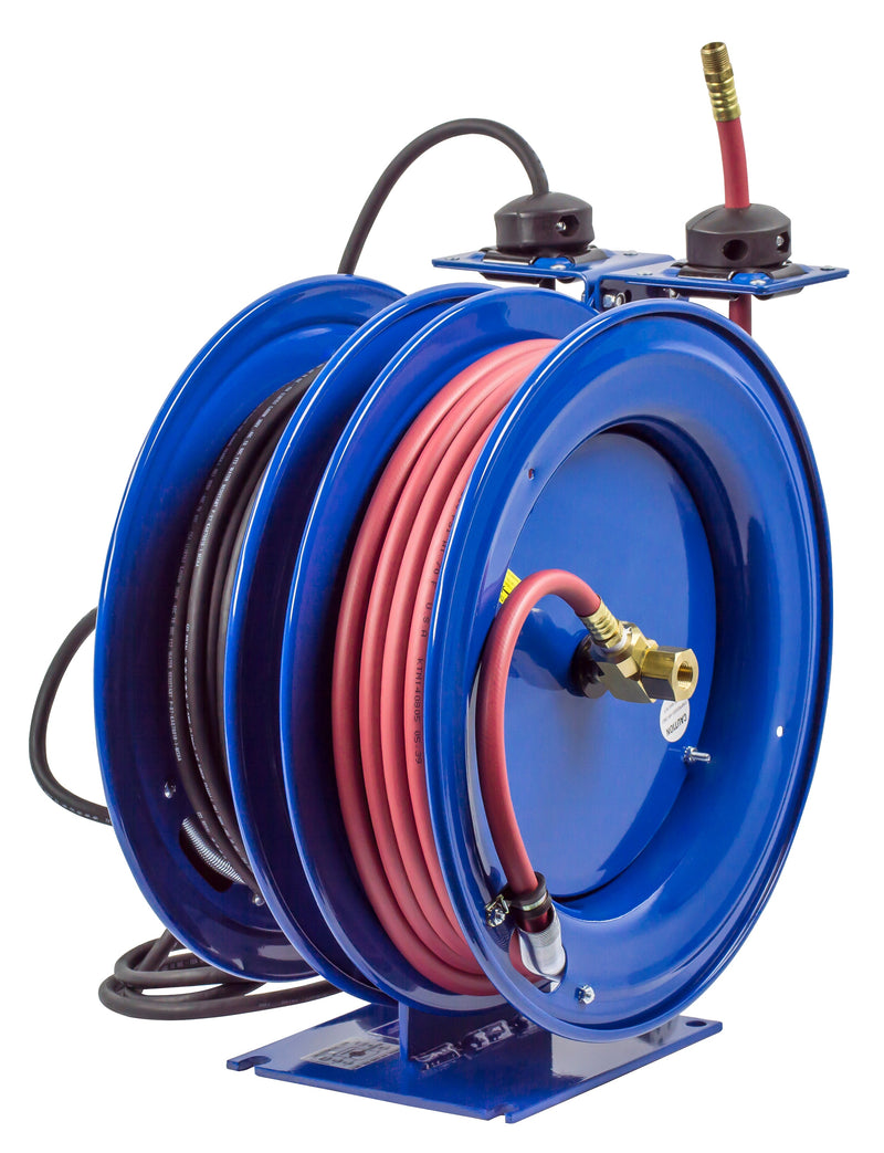 C-L350-5012-B by Coxreels | C Air-Electric | 300 PSI Spring Driven Air Hose & Power Cord Combo Reel w/ Quad Industrial Receptacle | 3/8" Hose ID, 3/8" FNPT Inlet x 3/8" MNPT Hose End | 12/3 SJO Cord, 20A | Steel | 50ft PVC Hose & 50ft Cord Included