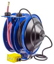 C-L350-5012-B by Coxreels | C Air-Electric | 300 PSI Spring Driven Air Hose & Power Cord Combo Reel w/ Quad Industrial Receptacle | 3/8" Hose ID, 3/8" FNPT Inlet x 3/8" MNPT Hose End | 12/3 SJO Cord, 20A | Steel | 50ft PVC Hose & 50ft Cord Included