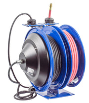 C-L350-5012-B by Coxreels | C Air-Electric | 300 PSI Spring Driven Air Hose & Power Cord Combo Reel w/ Quad Industrial Receptacle | 3/8" Hose ID, 3/8" FNPT Inlet x 3/8" MNPT Hose End | 12/3 SJO Cord, 20A | Steel | 50ft PVC Hose & 50ft Cord Included