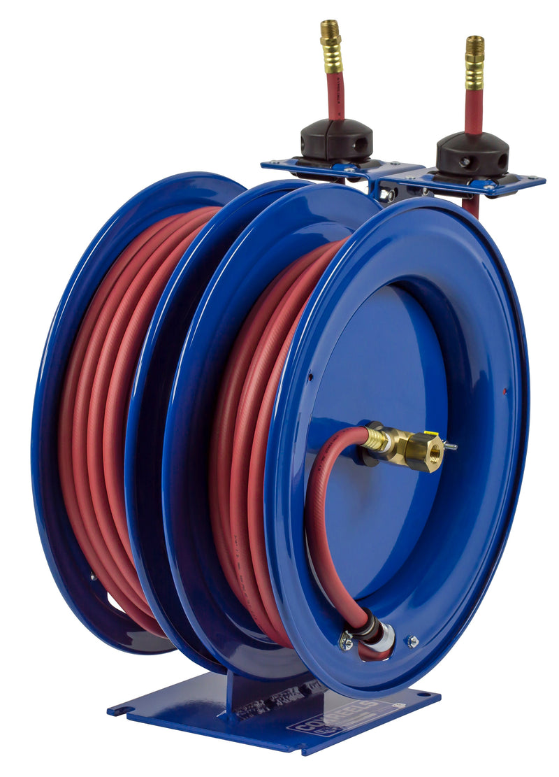 C-LP-325-325 by Coxreels | C Series | 300 PSI Dual Hose Spring Driven Hose Reel for Air & Water | 3/8" Hose ID, 3/8" FNPT Inlet x 3/8" MNPT Hose End | Steel | 25ft PVC Hose Included