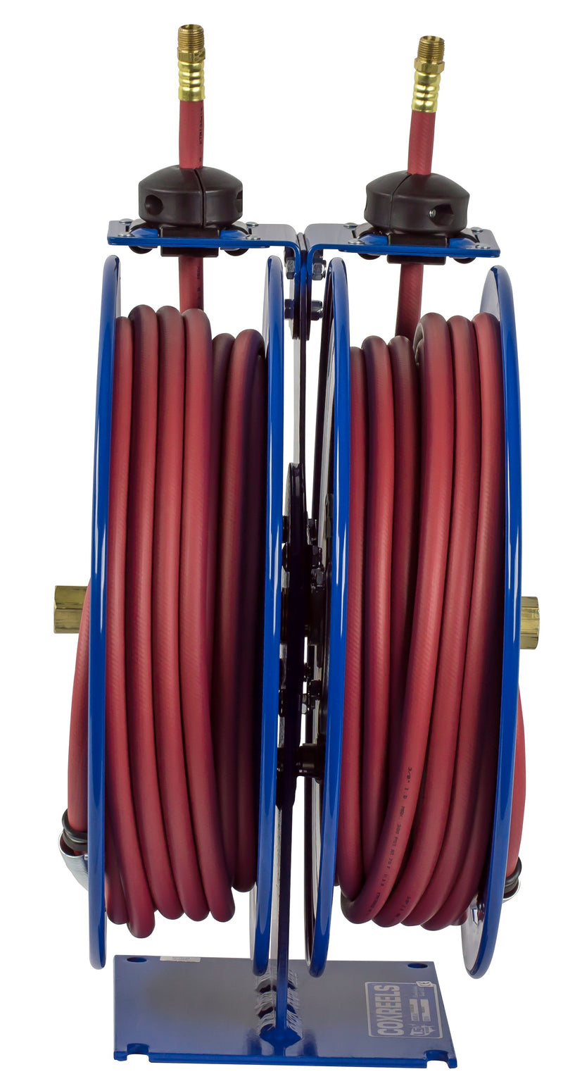 C-LP-350-350 by Coxreels | C Series | 300 PSI Dual Hose Spring Driven Hose Reel for Air & Water | 3/8" Hose ID, 3/8" FNPT Inlet x 3/8" MNPT Hose End | Steel | 50ft PVC Hose Included