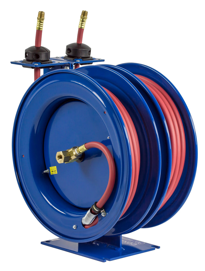 C-LP-350-350 by Coxreels | C Series | 300 PSI Dual Hose Spring Driven Hose Reel for Air & Water | 3/8" Hose ID, 3/8" FNPT Inlet x 3/8" MNPT Hose End | Steel | 50ft PVC Hose Included