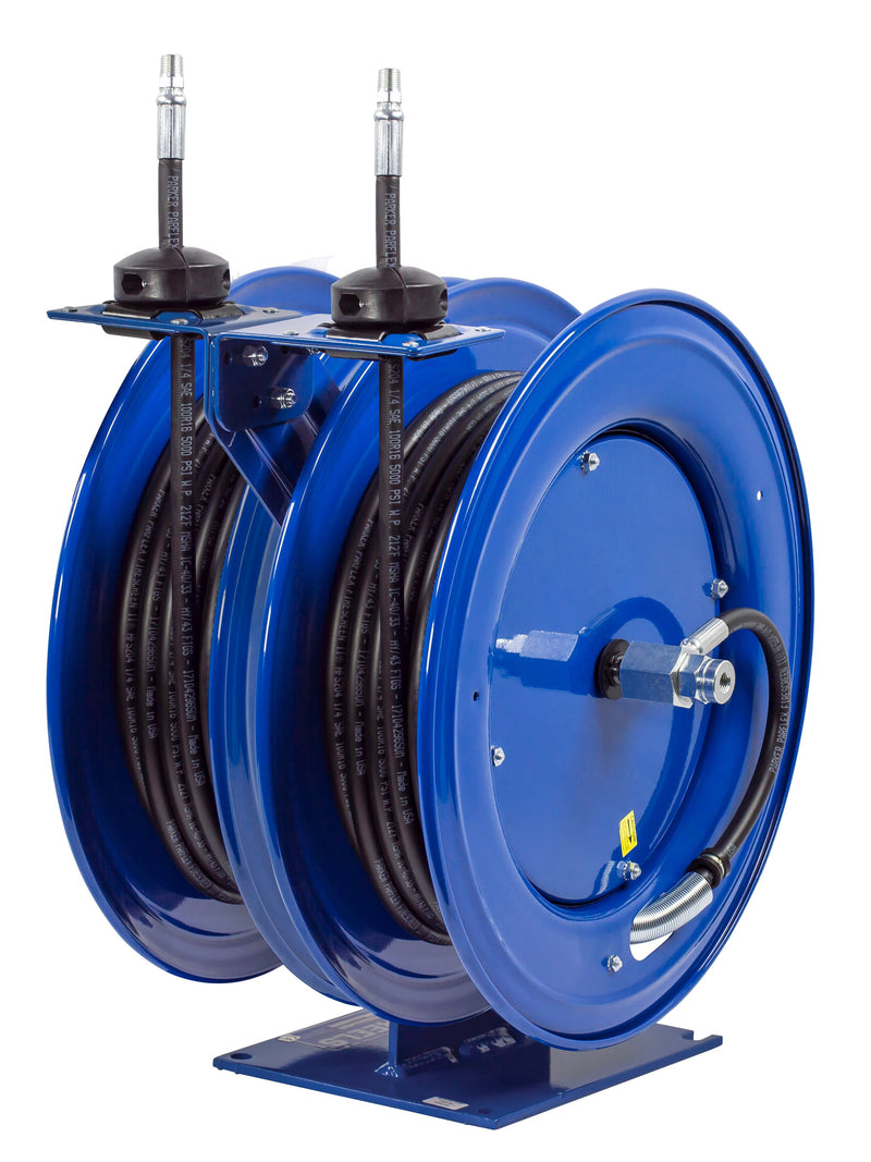 C-HP-330-330 by Coxreels | C Series | 5,000 PSI Dual Hose Spring Driven Hose Reel for Grease & Hydraulic Oil | 3/8" Hose ID, 3/8" FNPT Inlet x 3/8" MNPT Hose End | Steel | 30ft Rubber Hose Included