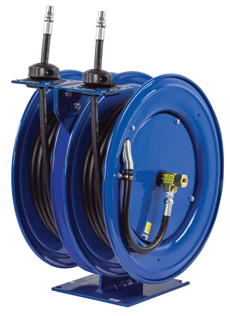 C-MP-325-325 by Coxreels | C Series | 3,000 PSI Dual Hose Spring Driven Hose Reel for Air, Water & Oil | 3/8" Hose ID, 3/8" FNPT Inlet x 3/8" MNPT Hose End | Steel | 25ft Rubber Hose Included