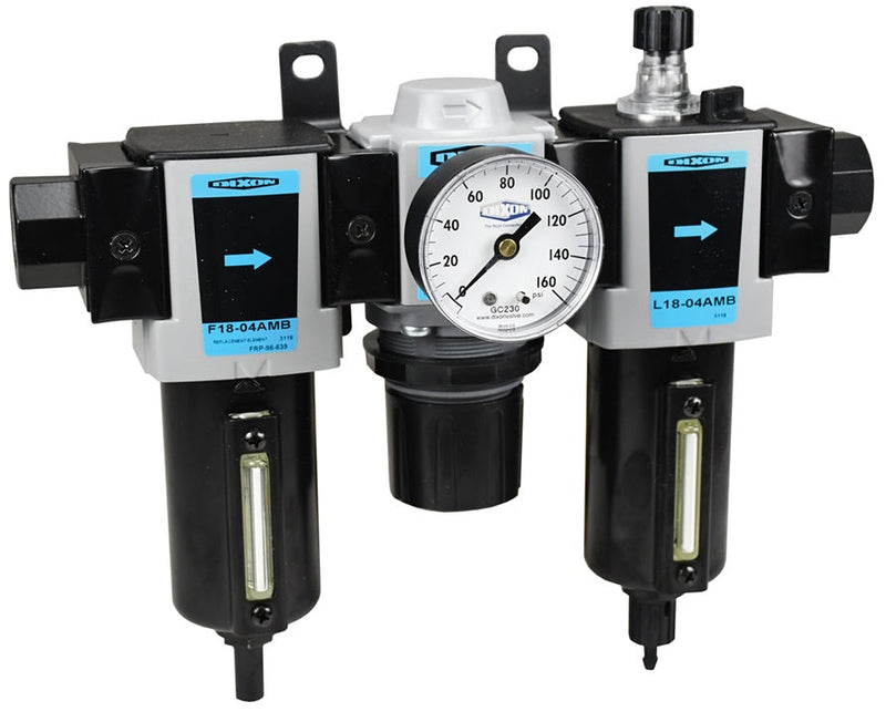 C18-02AMB Wilkerson by Dixon Valve | C18-Series | Compact FRL Combination Unit | 1.72 oz. Filter | 0-125 PSI Regulator | 4 oz. Lubricator | 1/4" Size | Automatic Drain | Metal Bowl with Sight Glass