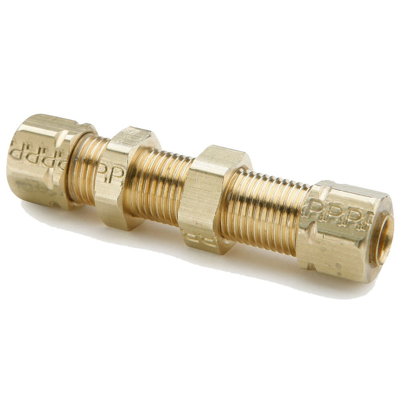 62CABH-4 by Parker | Compress-Align® Fittings | Bulkhead Union | 1/4" Tube Size x 7/16" Thread | 9/16" Hex | 2.22" Length | Straight | Brass | Pack of 10