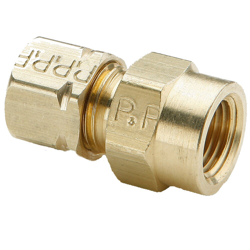 66CA-6-6 by Parker | Compress-Align® Fittings | 3/8" Tube Size Connector x 3/8" Female Pipe Thread x 9/16" Thread | 13/16" Hex | 1.29" Length | Straight | Brass | Pack of 10